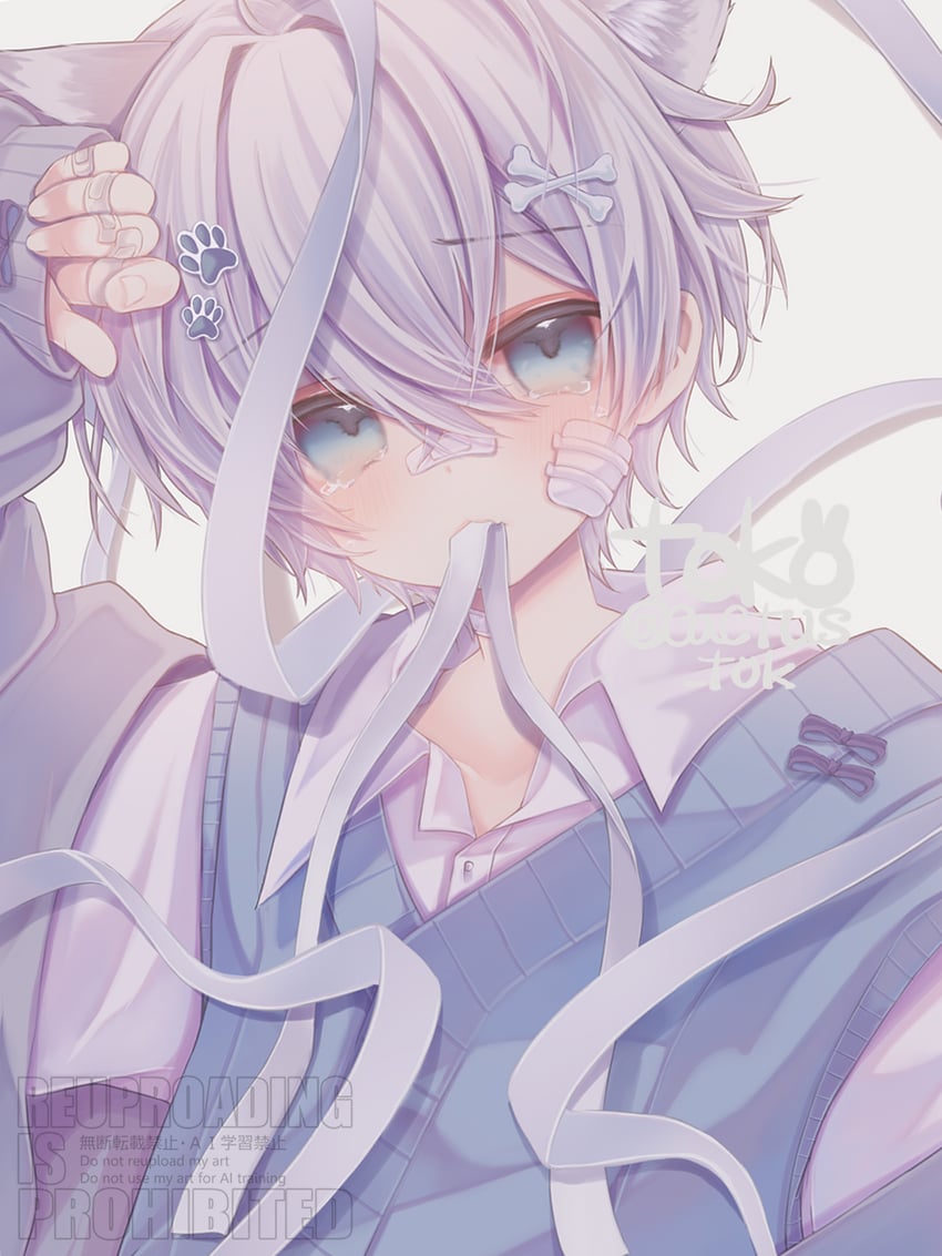 原创 1名男孩 兽耳 水色瞳 脸上贴绷带 创可贴