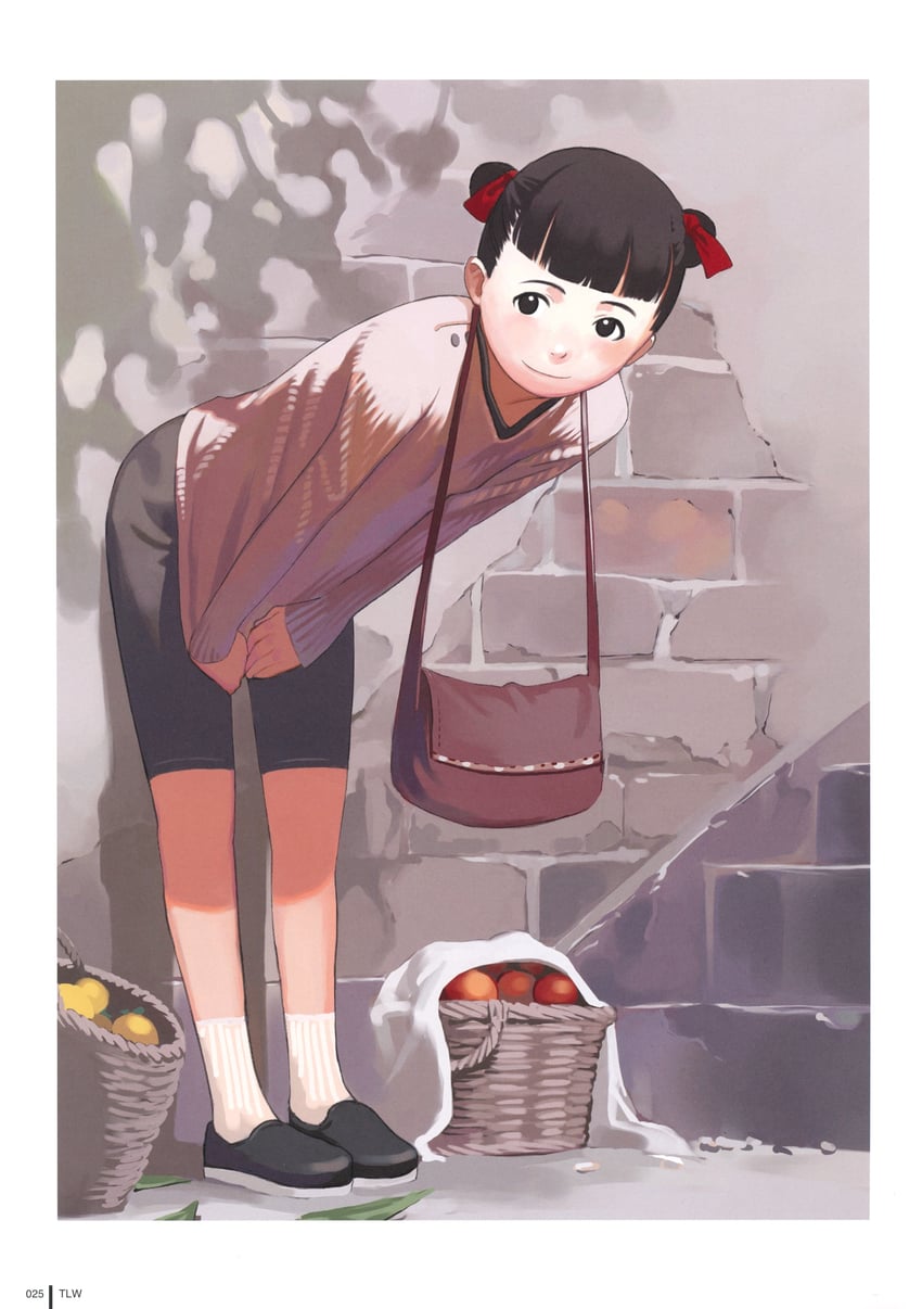 Comic LO、原创 1名女孩 苹果 篮子 弯腰 黑瞳