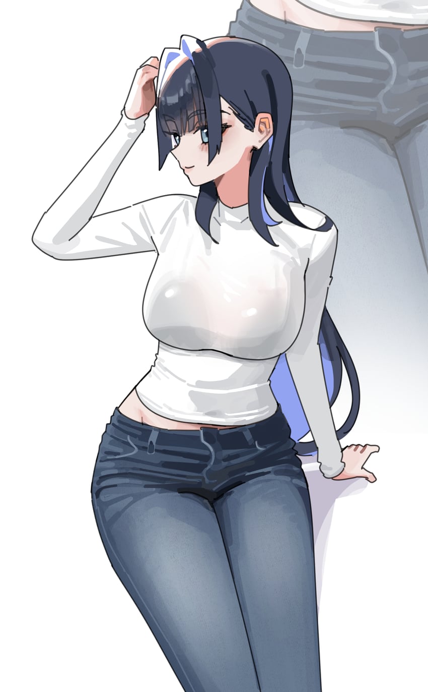 Hololive、Hololive英语、议会 (Kronii) 1名女孩 黑色文胸 黑发 蓝发 脸红