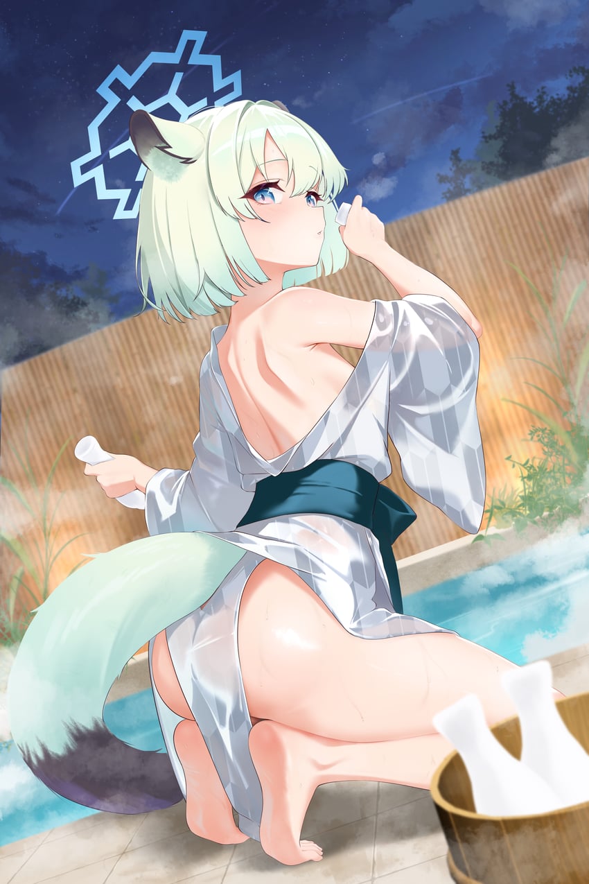 蔚蓝档案、时雨 (蔚蓝档案)、时雨 (温泉) (蔚蓝档案) 1名女孩 惊讶 兽耳 屁股 竹篱笆