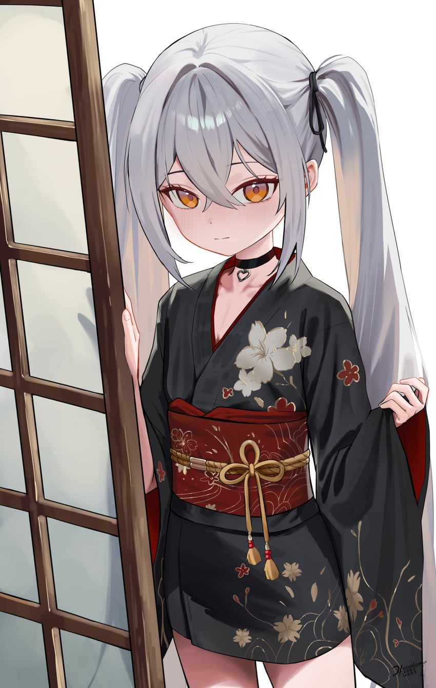 原创、绫濑志帆 (Honashi) 1名女孩 黑色项圈 黑色和服 黑色丝带 项圈
