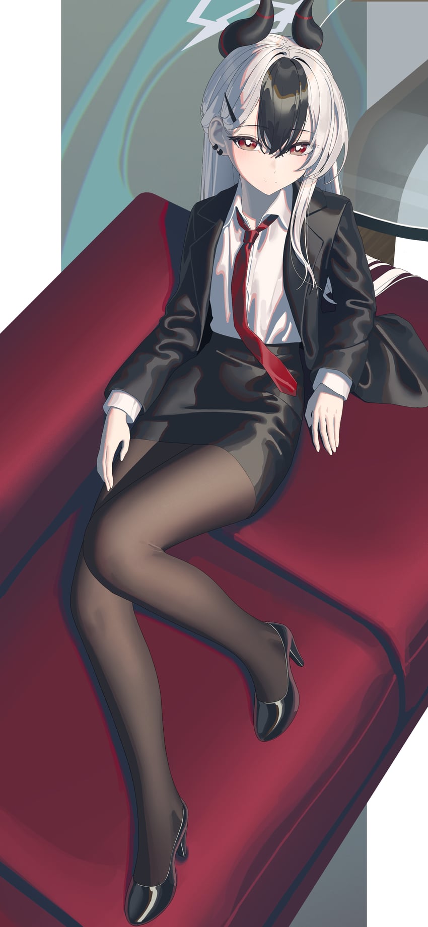 蔚蓝档案、鬼方佳代子 (碧蓝档案) 1名女孩 替换服装 黑发 黑角 黑色连裤袜