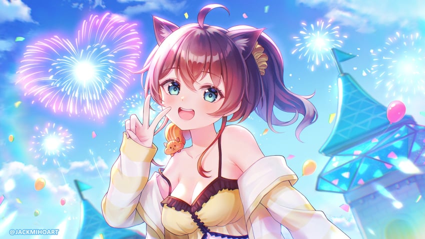 Hololive、Matsurisu (粉丝名)、夏色祭 1名女孩 :D 烟花 呆毛 兽耳