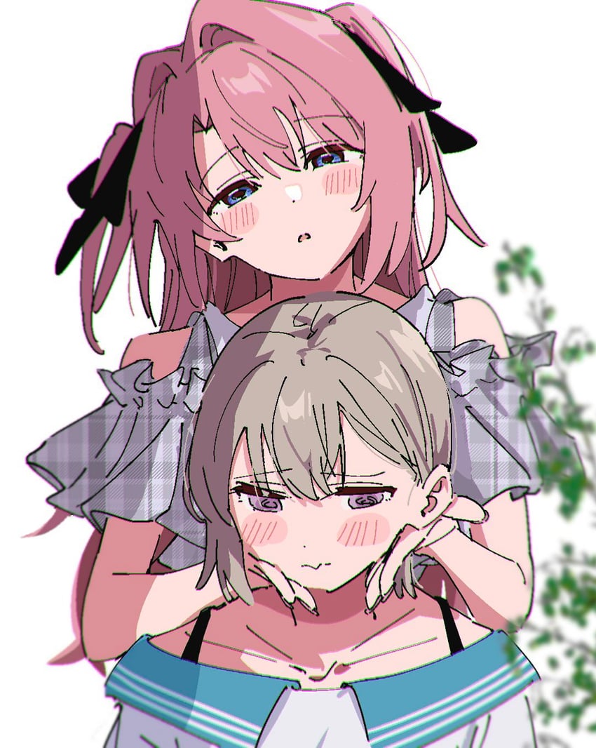 神稻牡丹：醉态如百合之花、上伊那牡丹、砺波伊吹 2名女孩 露肩 在他人身后 黑色丝带 蓝眼