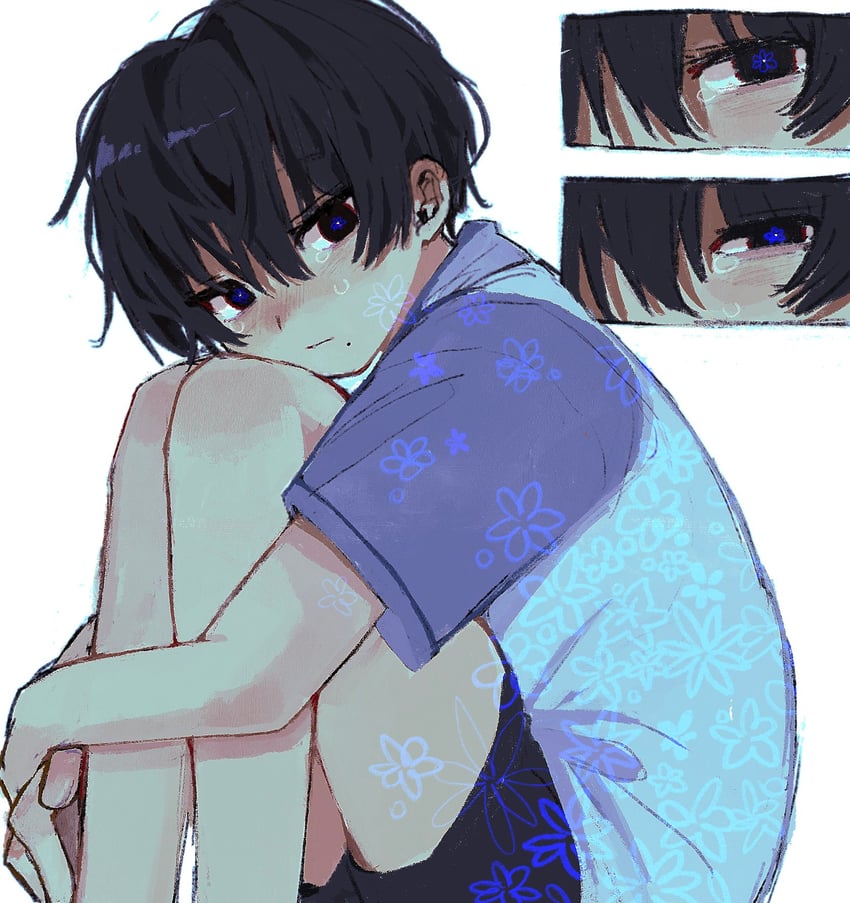 原创 1名男孩 裸腿 黑发 黑色短裤 蓝瞳