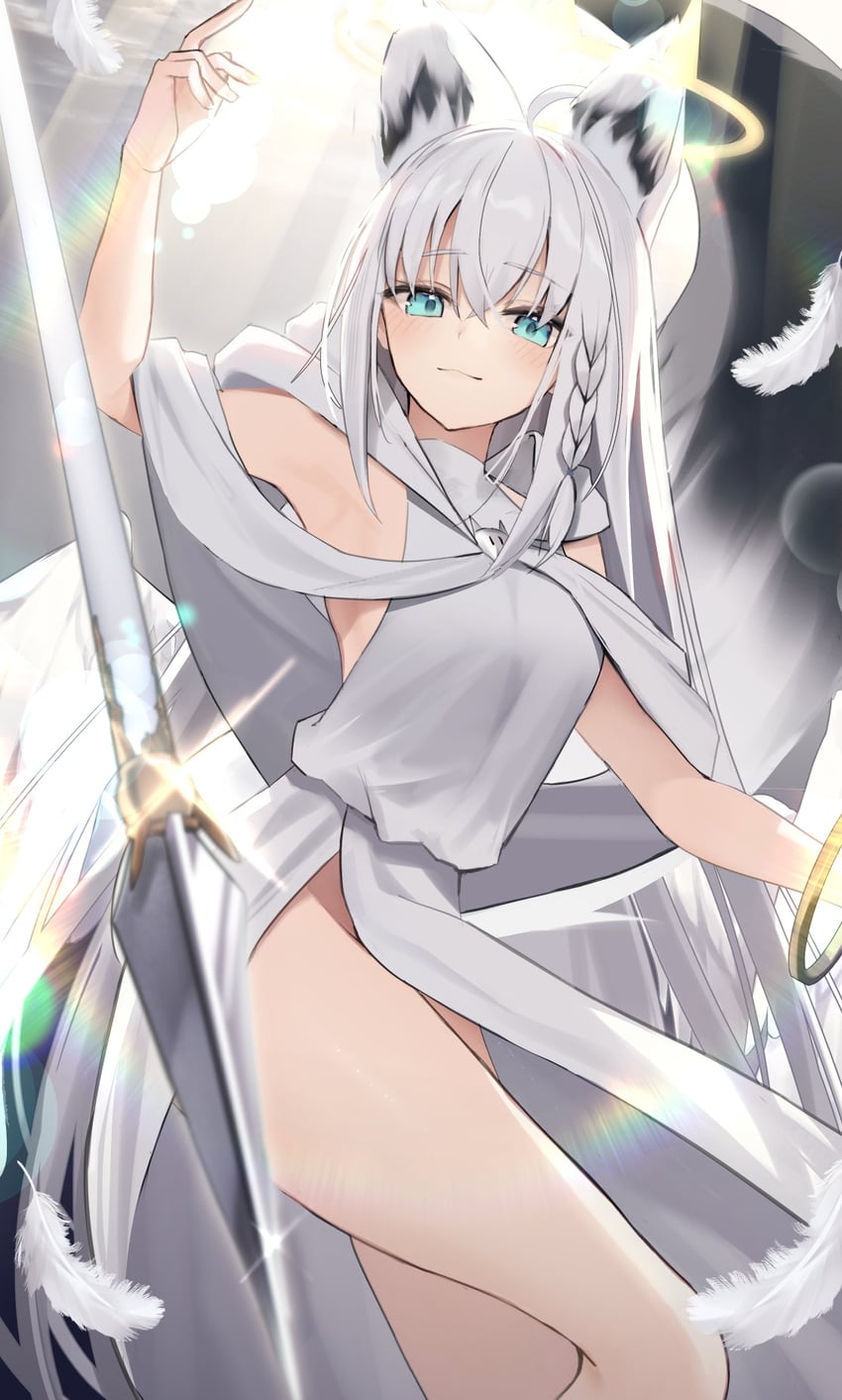 Hololive、白上吹雪 1名女孩 呆毛 兽耳 水色瞳 辫子