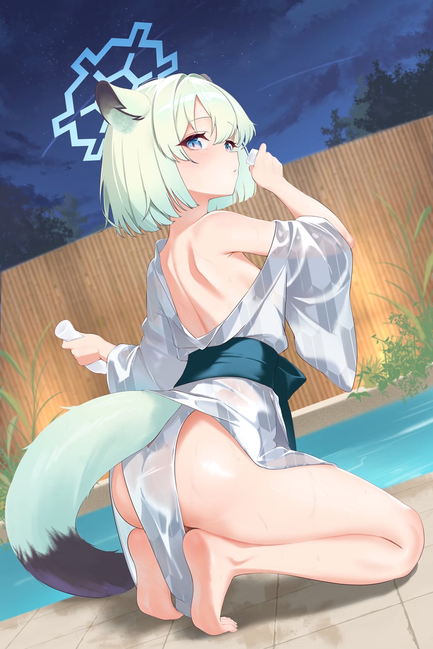 蔚蓝档案、时雨 (蔚蓝档案)、时雨 (温泉) (蔚蓝档案) 1名女孩 惊讶 兽耳 屁股 竹篱笆