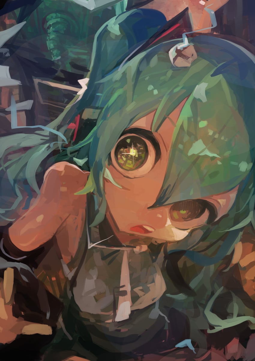 VOCALOID、初音未来 1名女孩 水色发 露肩 黑色袖子 露肩袖