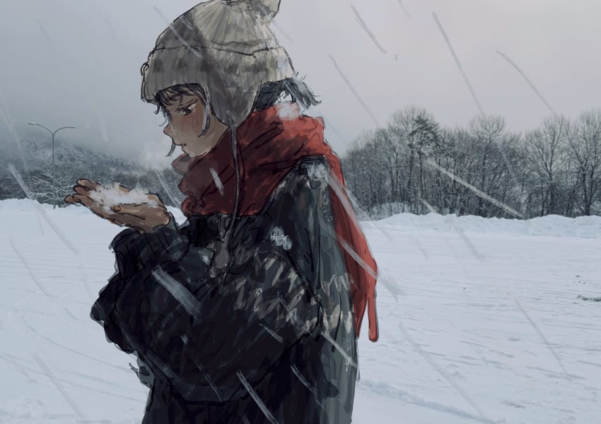 原创 1名女孩 枯树 针织帽 黑色大衣 黑发