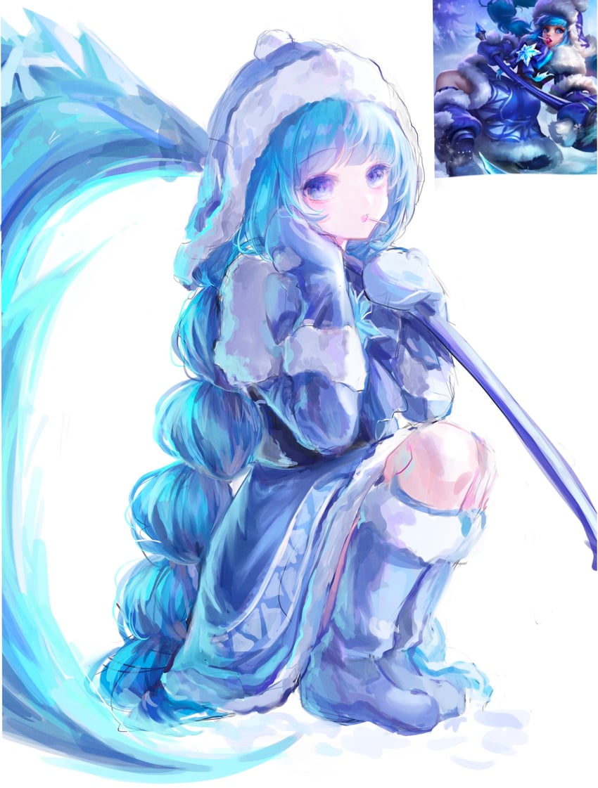 二次元插画 1名女孩 蓝色靴子 蓝眼 蓝发 蓝帽子