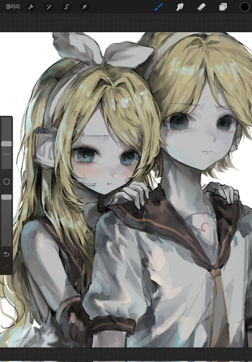 VOCALOID、镜音连、镜音铃 1名男孩 1名女孩 水色瞳 画框中的绘图软件 露肩