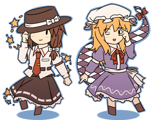 东方Project、玛艾露贝莉·赫恩、宇佐见莲子 2名女孩 :D 整理衣服 整理头饰 黑帽子