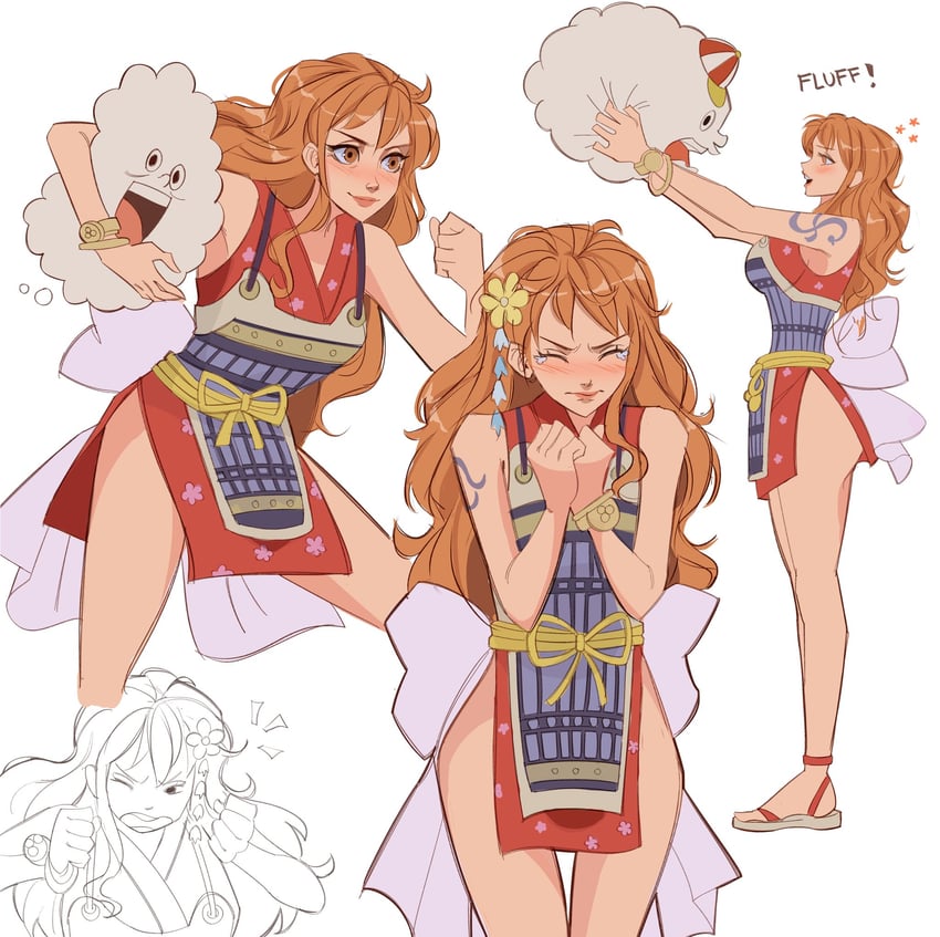 海贼王、娜美 (海贼王)、宙斯 (海贼王) 1名女孩 手臂纹身 铠甲 后背蝴蝶结 手镯