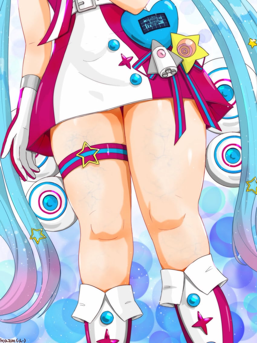 魔法未来(Vocaloid)、VOCALOID、初音未来 1名女孩 腰带 蓝发 靴子 连衣裙