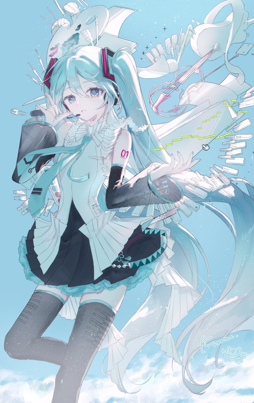 初音未来16周年 -Dear Creators-、VOCALOID、初音未来 1名女孩 水色发 水蓝色领带 露肩 黑色靴子