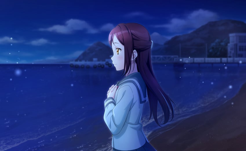 Love Live!、Love Live! Sunshine!!、世界巨星 1名女孩 海滩 蓝裙子 脸红 云