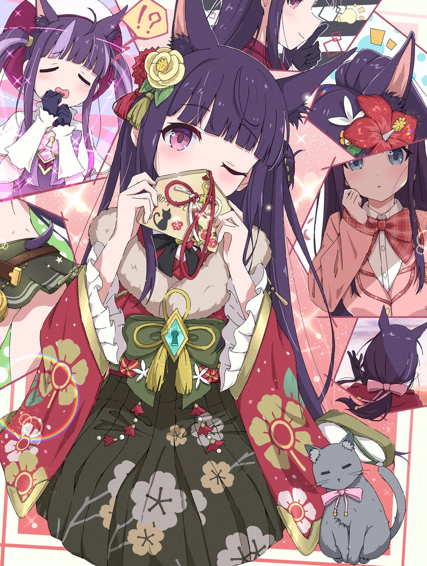 公主连结！、霞 (魔法少女) (公主连结Re:Dive)、香澄 (新年) (公主连结) 1名女孩 兽耳毛 兽耳 黑色手套 蓝眼