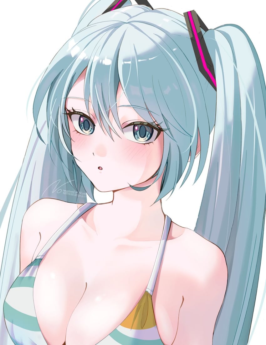 VOCALOID、初音未来 1名女孩 惊讶 水蓝色比基尼 水色瞳 比基尼
