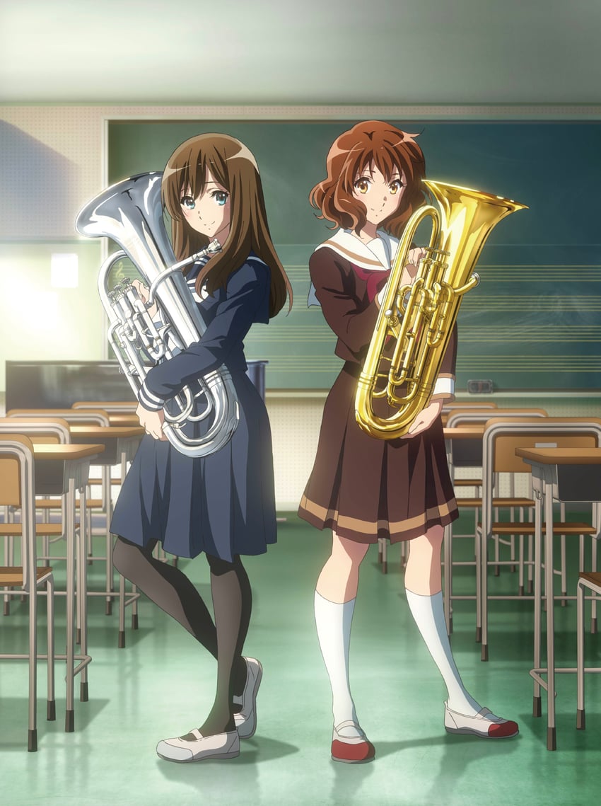 吹响吧！上低音号、黑江真由、黄前久美子 2名女孩 赛璐珞上色 黑色连裤袜 蓝眼 蓝色水手服