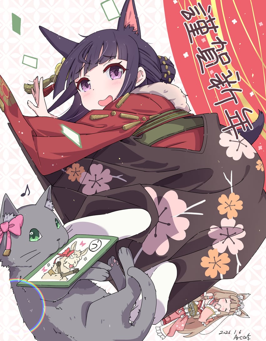 公主连结！、香澄 (新年) (公主连结)、霞 (公主连结) 1名女孩 四肢着地 动物 兽耳毛 兽耳