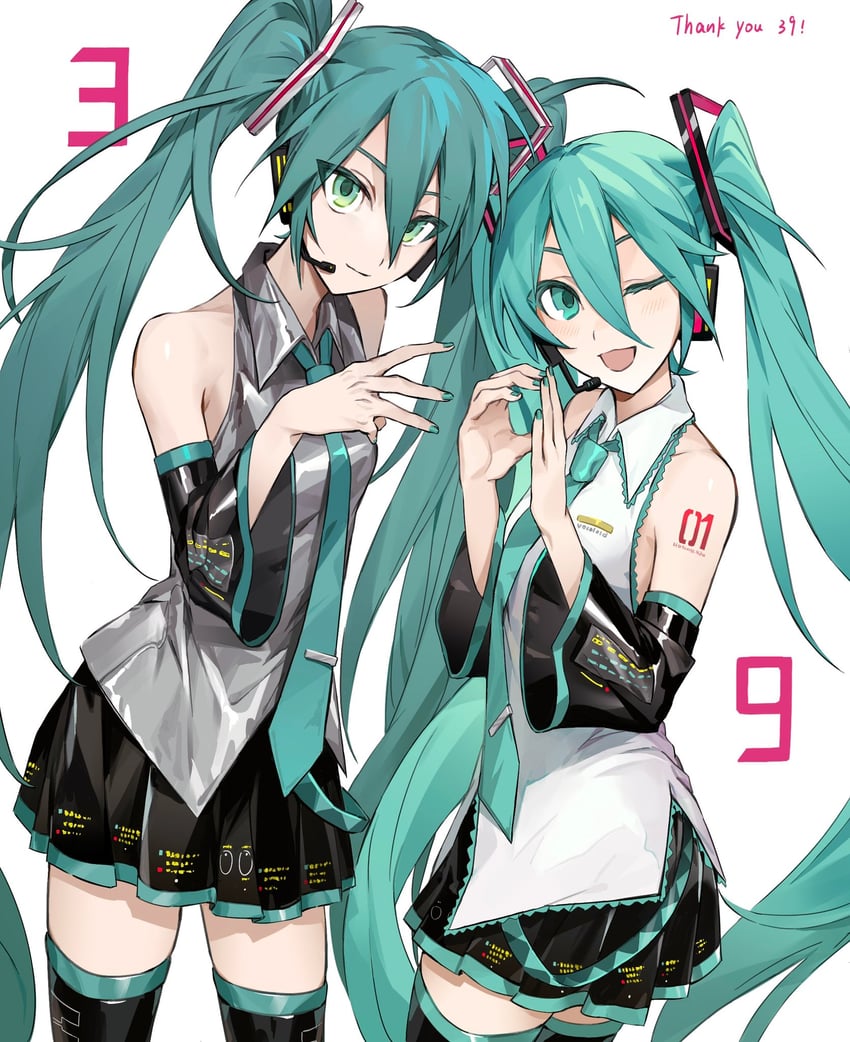 VOCALOID、初音未来 2名女孩 39 水色发 水蓝色指甲 水蓝色领带