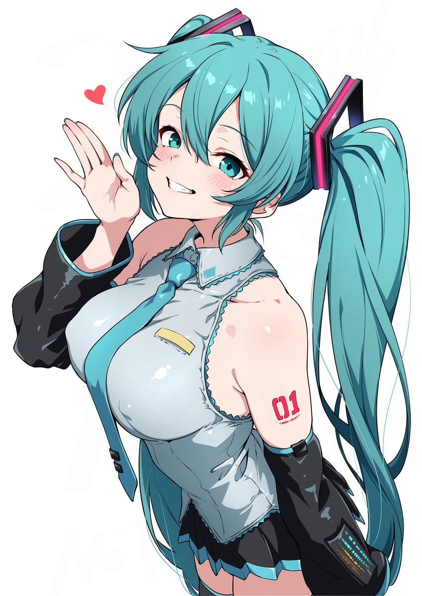 VOCALOID、初音未来 1名女孩 水色瞳 水色发 露肩 乳房