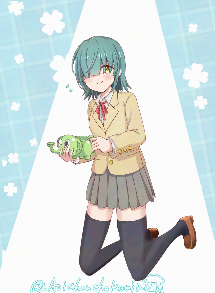 公主连结！、碧 (公主连结)、aoi (real) (princess connect!) 1名女孩 黑色过膝袜 西装外套 蓝色背景 脸红