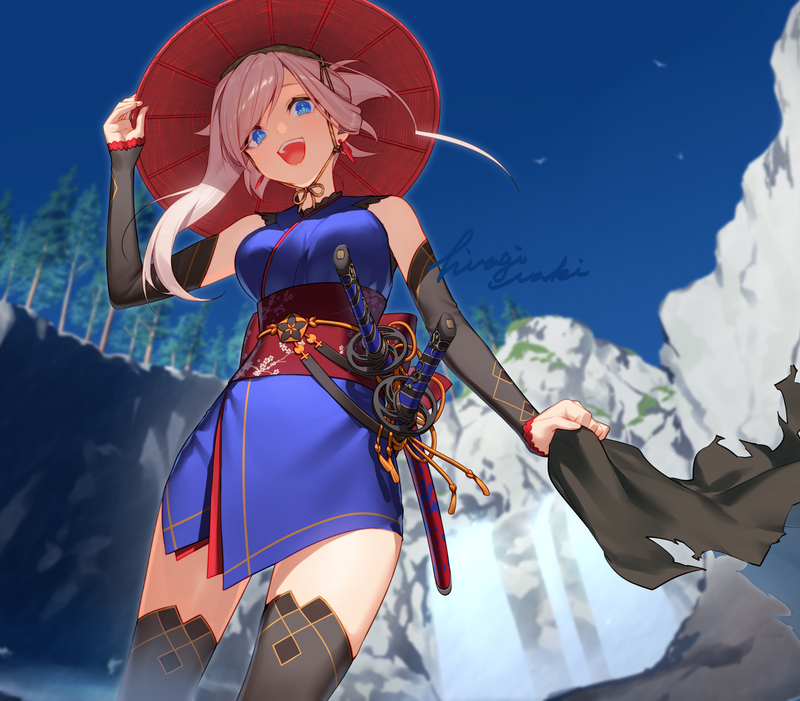 Fate/Grand Order、Fate系列、宫本武藏 (Fate) 1名女孩 露肩 蓝眼 蓝色和服 蓝天