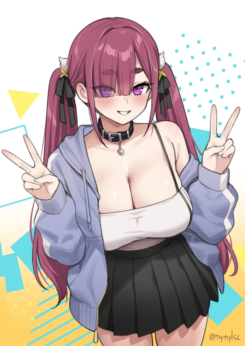 原创 1名女孩 露肩 黑色裙子 蓝色夹克 脸红