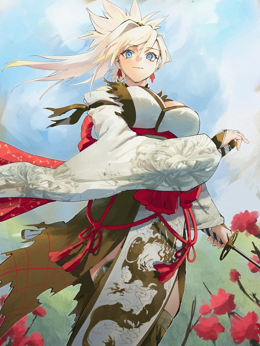 Fate/Samurai Remnant、Fate系列、宫本武藏 (Fate) 1名女孩 露肩 黑色过膝袜 金发 蓝眼