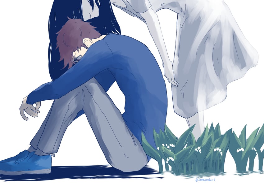 OMORI、Hero (远方) (Omori)、Hero (OMORI) 1名男孩 1名女孩 蓝色鞋子 蓝色毛衣 棕眼睛