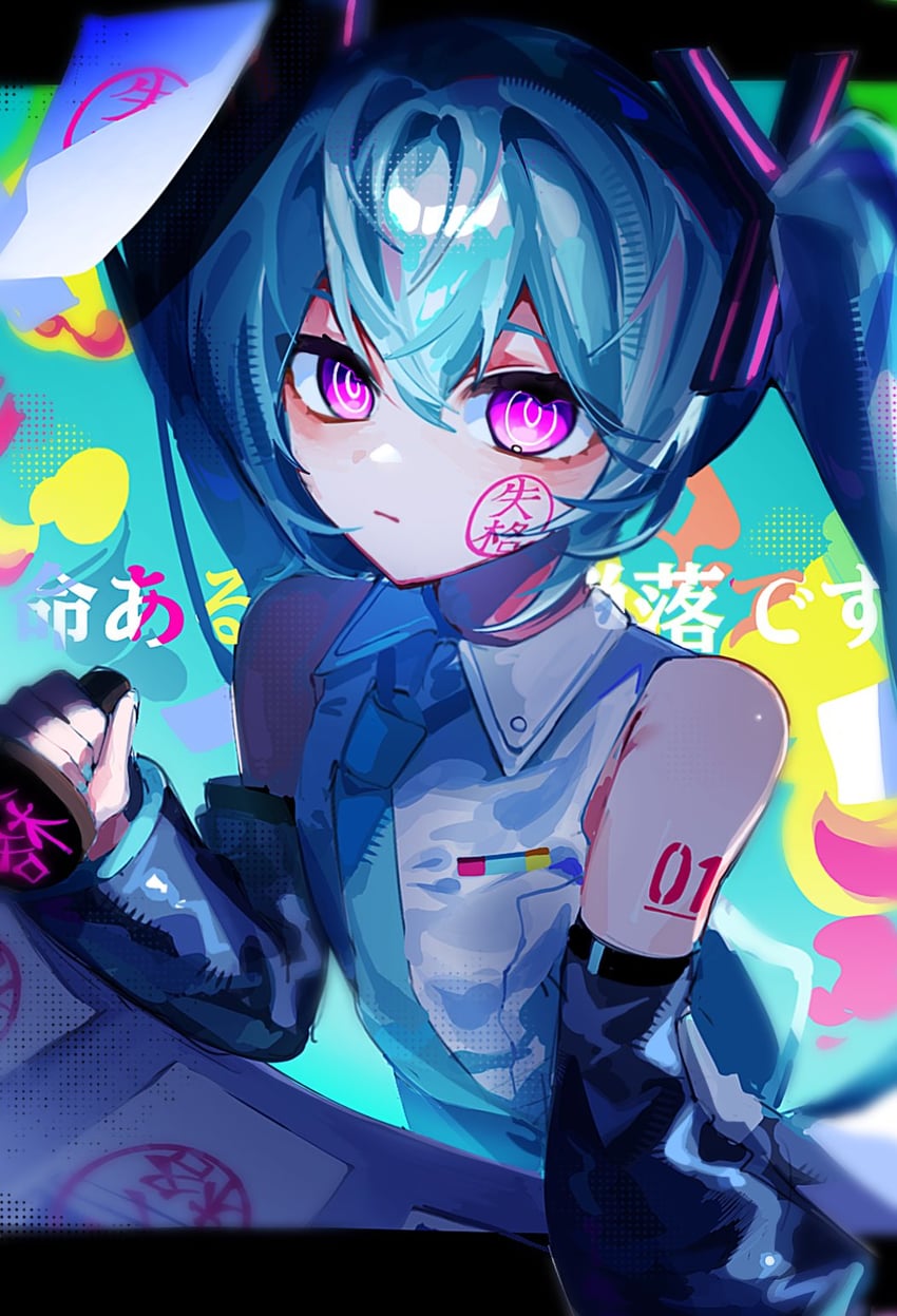 utahime shikkaku (vocaloid)、VOCALOID、初音未来 1名女孩 水色发 水蓝色指甲 水蓝色领带 露肩
