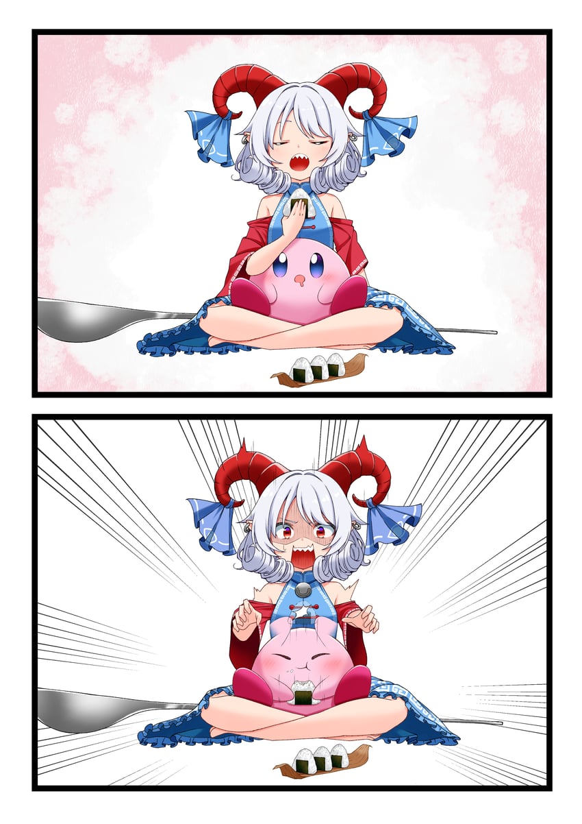 星之卡比系列、东方Project、星之卡比 1名女孩 两格漫画 蓝色连衣裙 脸红 漫画
