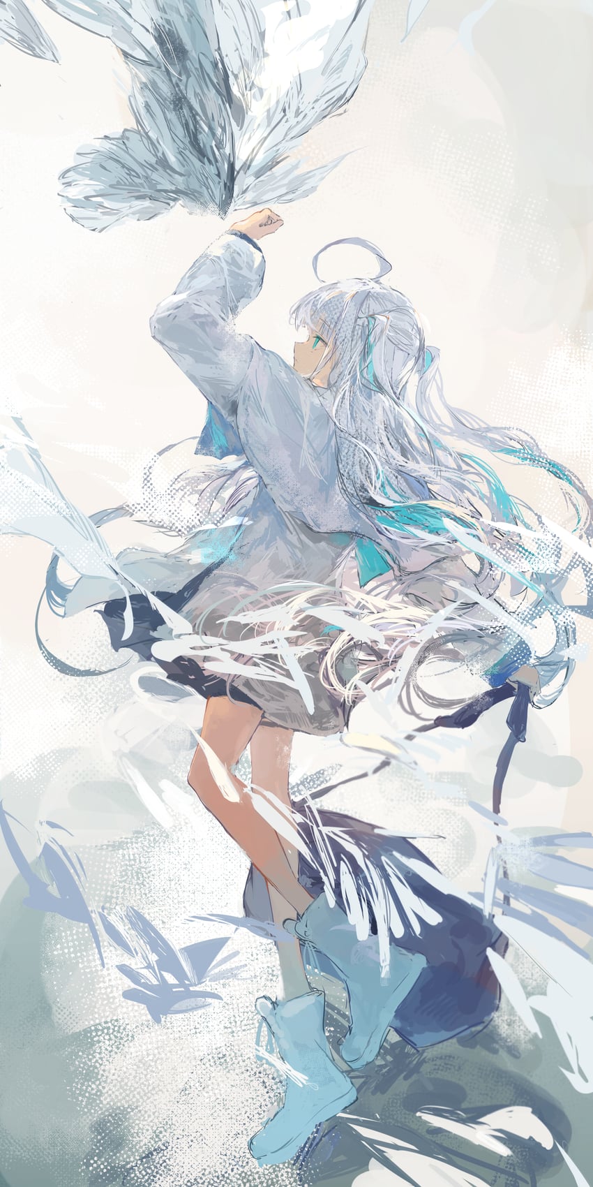 原创 1名女孩 呆毛 水色瞳 水色发 举手