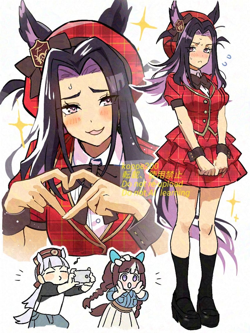 赛马娘、费诺美诺（赛马娘）、黄金船 (赛马娘) 3人女子 兽耳 贝雷帽 黑色蝴蝶结 黑发