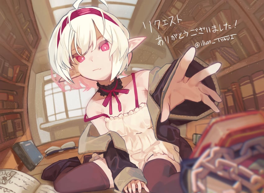 原创 1名女孩 呆毛 露肩 黑色过膝袜 书