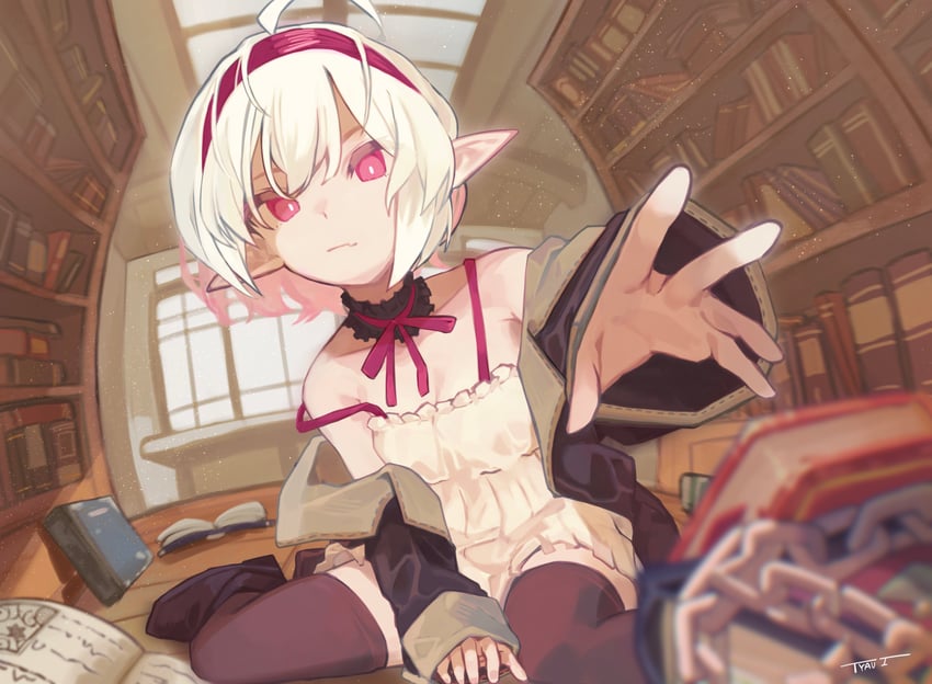 原创 1名女孩 呆毛 露肩 黑色过膝袜 书