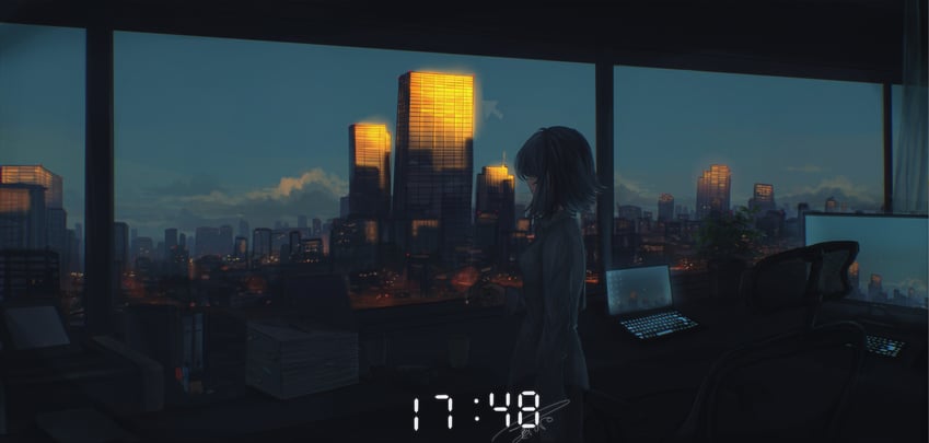原创 1名女孩 黑发 建筑物 椅子 城市