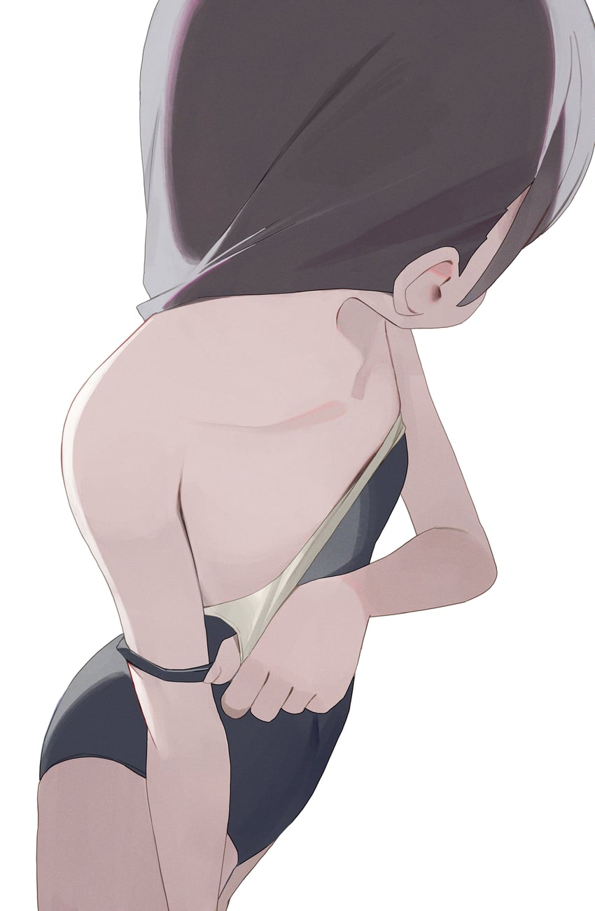 原创 1名女孩 蓝色连体泳衣 乳房 棕发 拉扯衣服