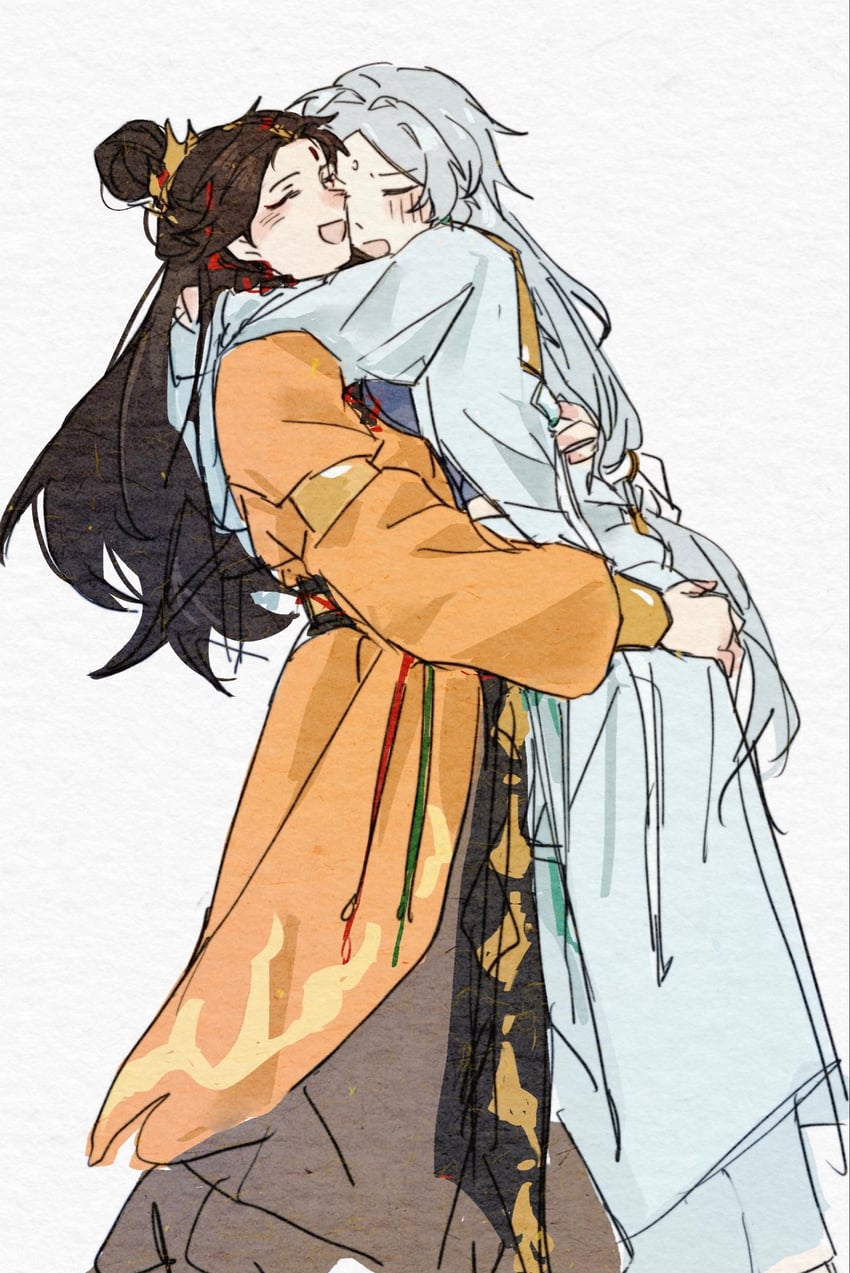 无期迷途、杜若 (无期迷途)、曜 (无期迷途) 2名女孩 脸红 棕发 闭眼 灰色背景