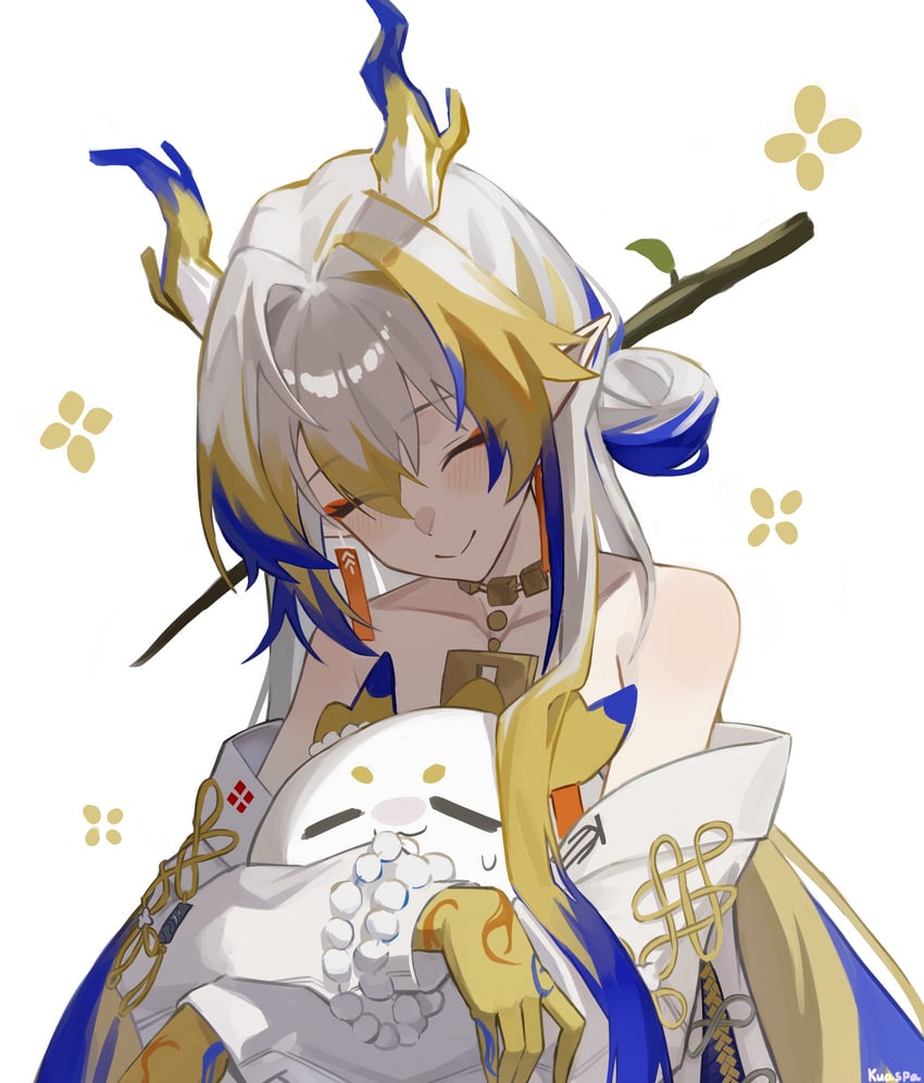明日方舟、黍 (明日方舟) 1名女孩 露肩 珠子 金发 蓝发