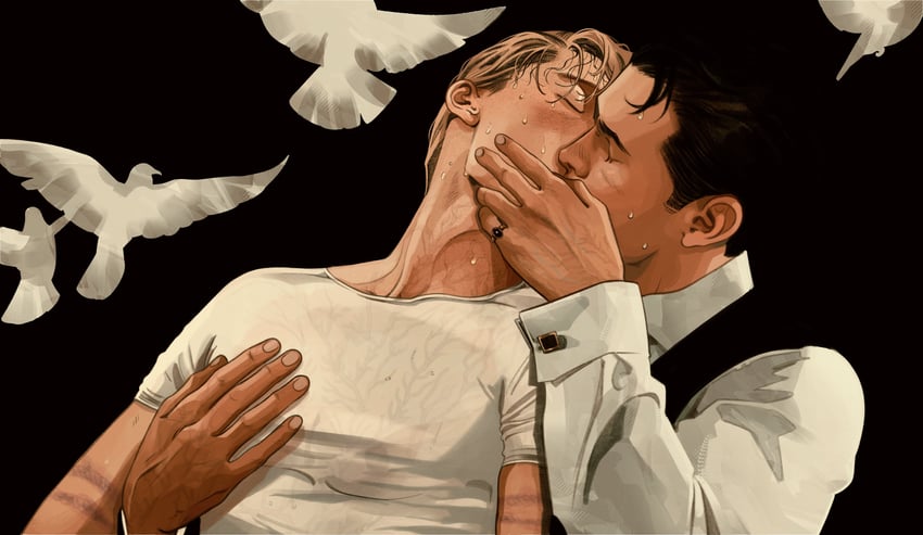 原创 2个男孩 举起双手 鸟 黑色背景 黑发