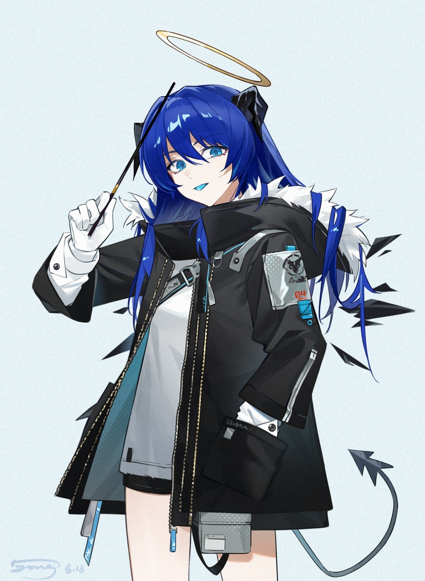 明日方舟、莫斯提马 (明日方舟) 1名女孩 黑角 黑色夹克 黑色尾巴 蓝色背景