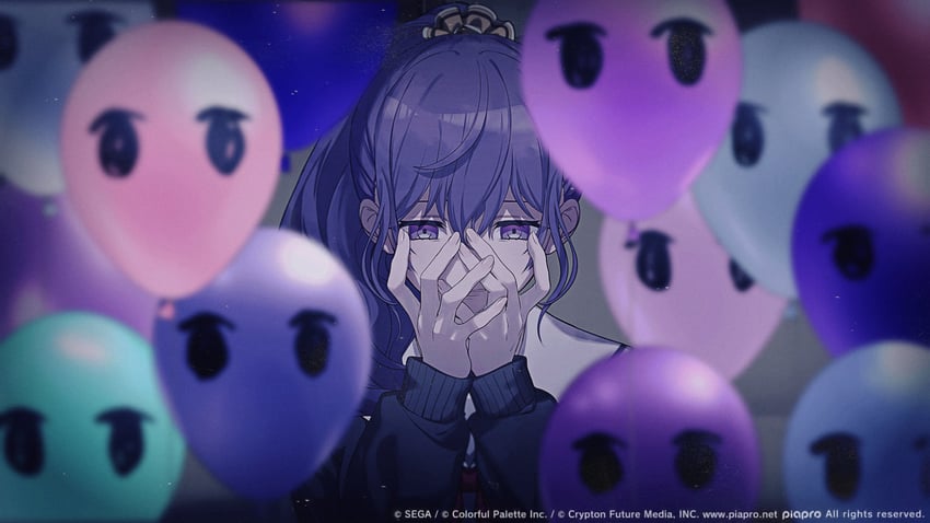 nihil-san (vocaloid)、世界计划、朝比奈真冬 1名女孩 气球 黑色针织衫 蓝眼 开襟衫