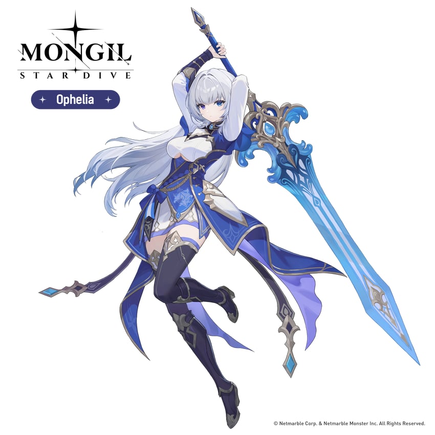 怪物驯服者：星潜、ophelia (mongil: star dive) 1名女孩 举起双手 黑色靴子 黑色过膝袜 蓝色大衣