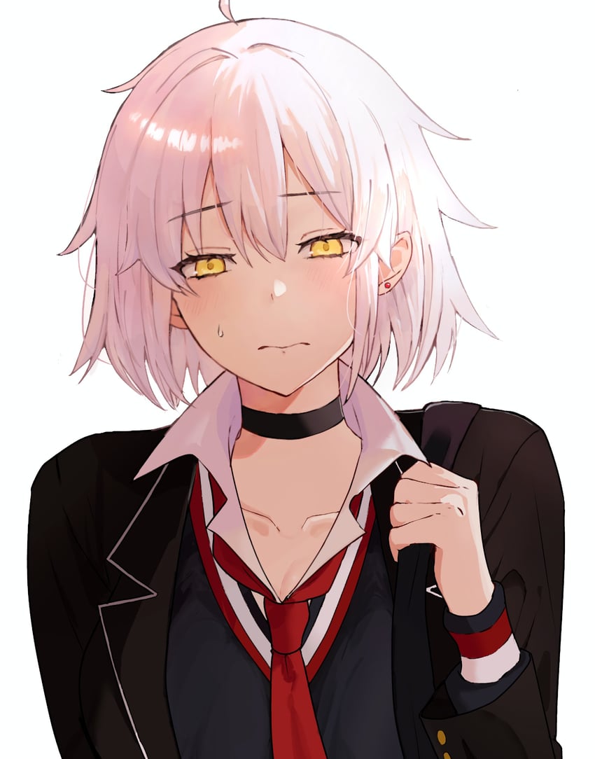 Fate/Grand Order、Fate系列、黑贞德 1名女孩 呆毛 黑色项圈 黑色夹克 脸红