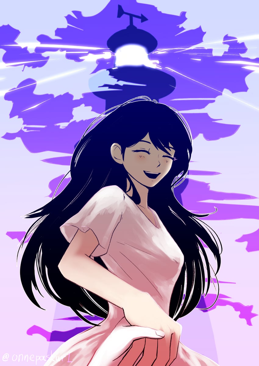 OMORI、Mari (Omori)、Mari (灵魂) (OMORI) 1名女孩 裸臂 黑发 脸红 闭眼