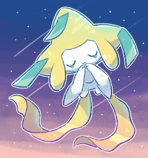 宝可梦、基拉祈 举起双手 闭眼 闭嘴 黄昏 脸部印记