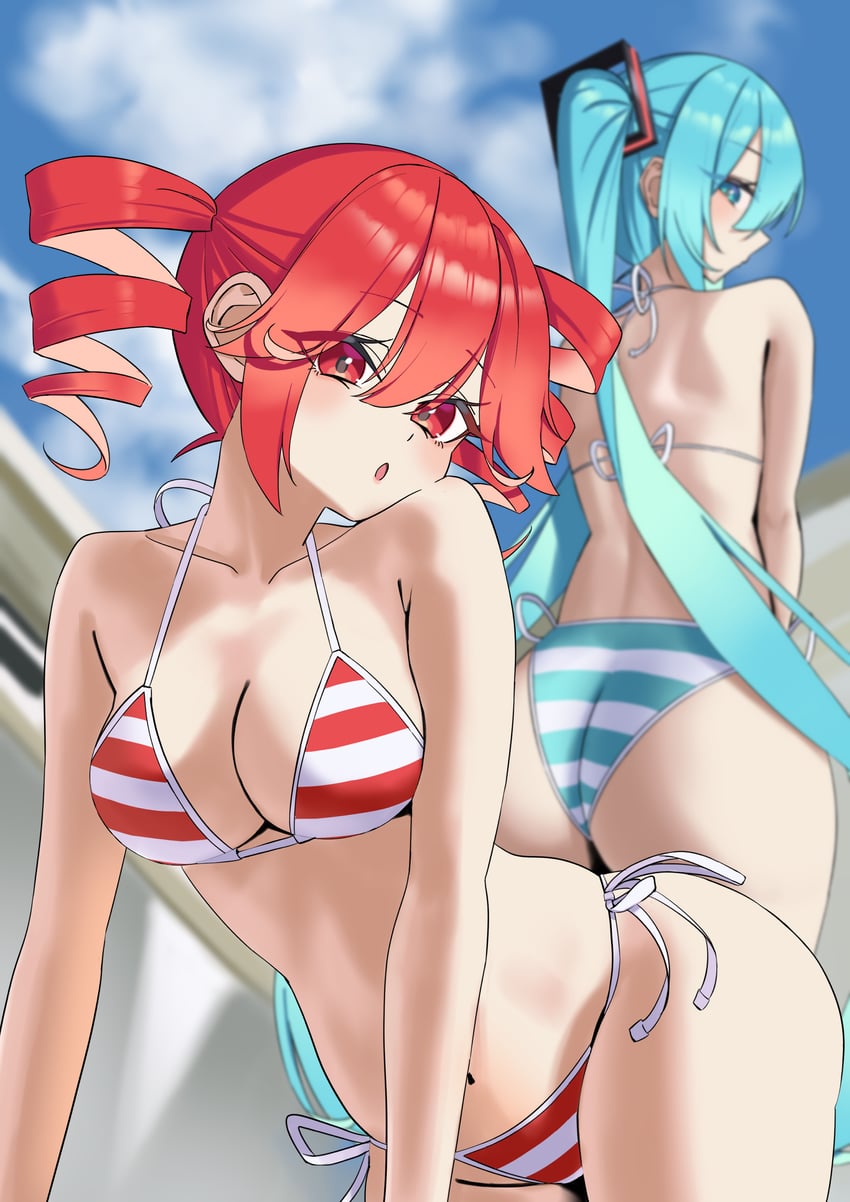 UTAU、VOCALOID、初音未来 2名女孩 水色瞳 水色发 露肩 比基尼