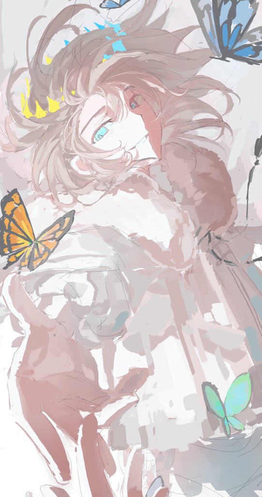 Fate/Grand Order、Fate系列、奥伯龙 (Fate) 1名男孩 水色蝴蝶 举手 逆光 黑色丝带
